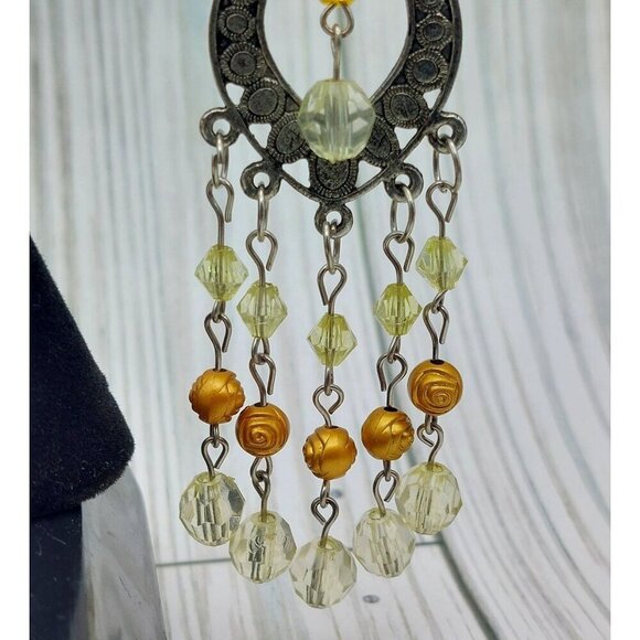 Boho Hippie Statement Earrings 4" Dangle Silver Tone & Beaded Tiny Rose Accents - Picture 6 of 7